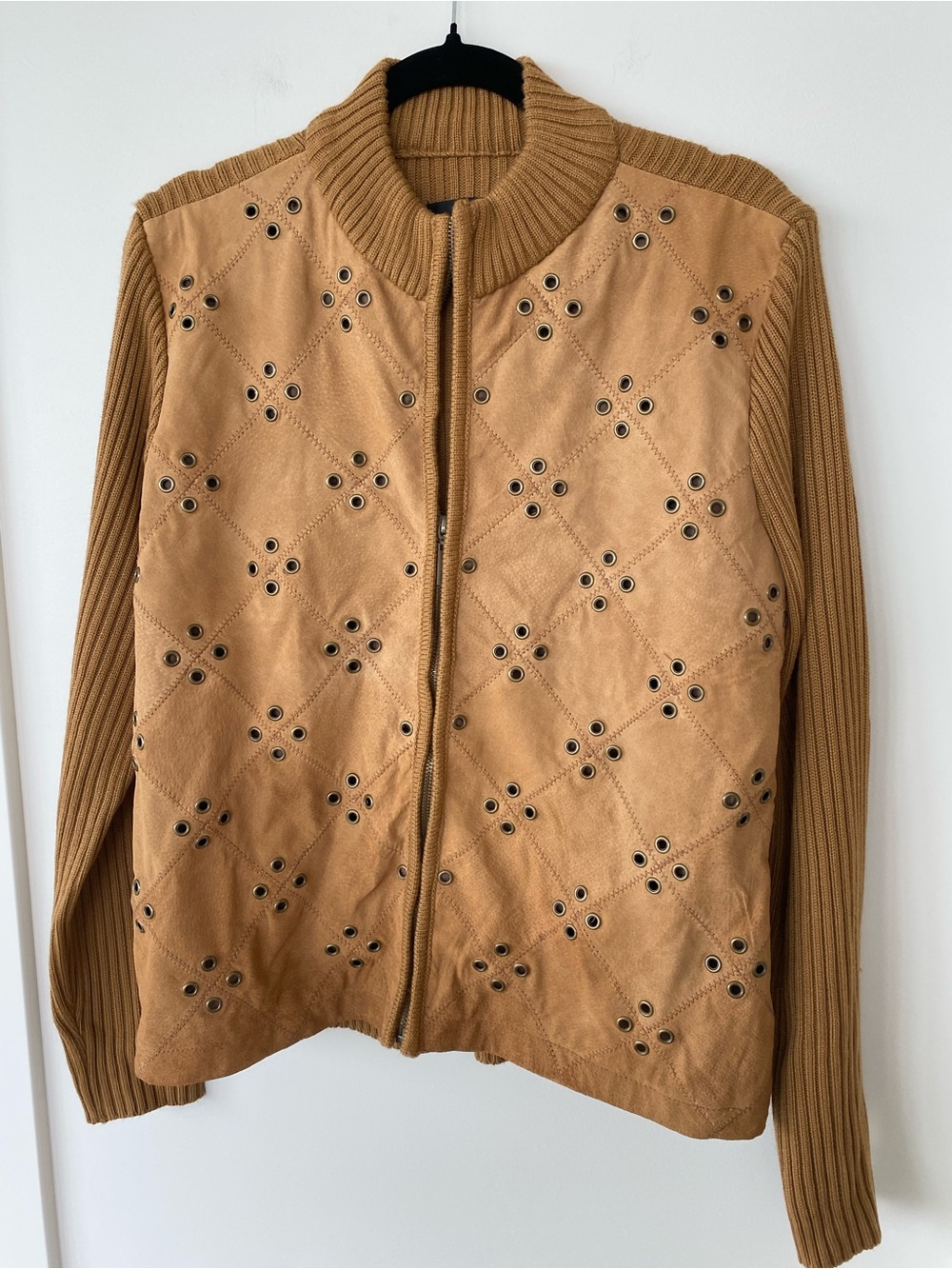 Robert Louis Suede Front Rib-Knit Full Zip Mock Neck Sweater Size L